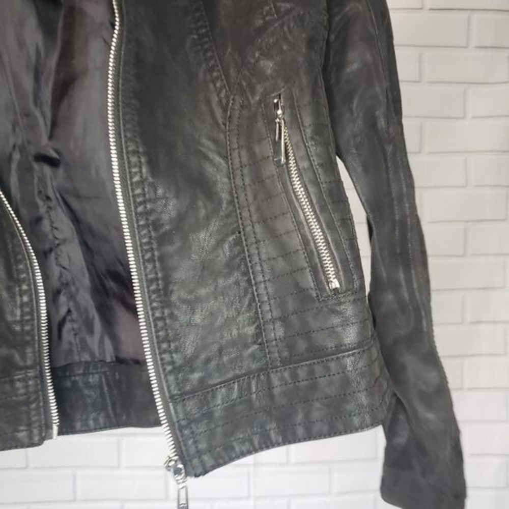 Black Hooded Moto Jacket Womens Full‎ Zip Casual - Size small - Picture 11 of 12
